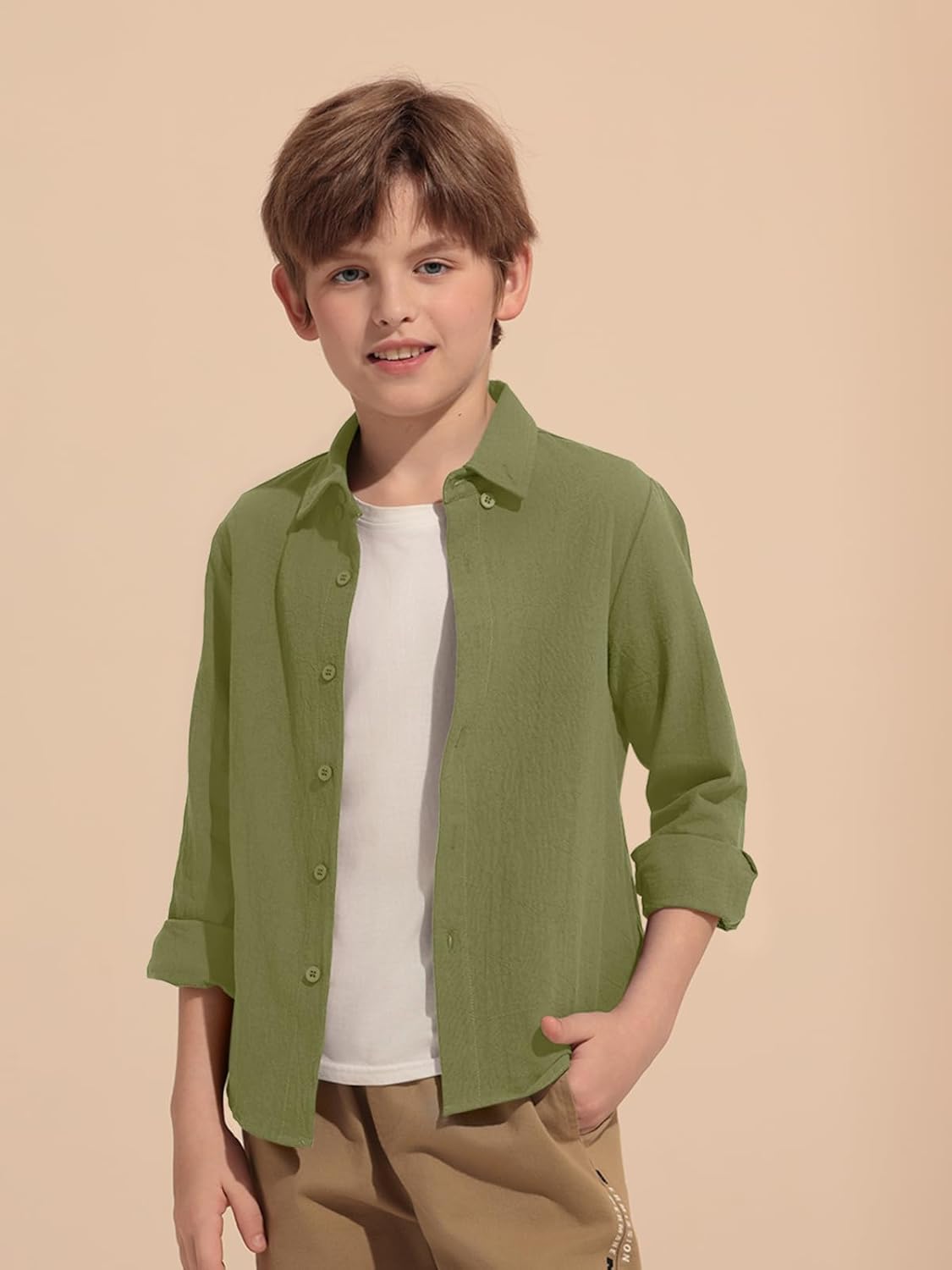 Haloumoning Boys Long Sleeve Button Down Shirt Kids Cotton Texture Dress Shirts School Uniform Shirt 5-14 Years - Image 3