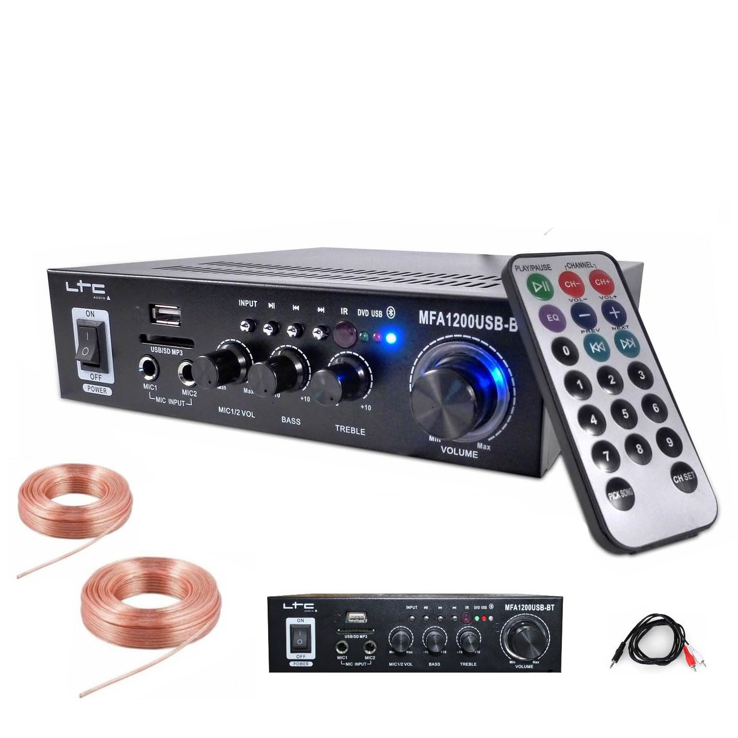 LTC - Pack HiFi Ampli Bluetooth Stéréo USB SD LTC MFA1200USB-BT-BL 2x50W - 8 Mini Enceintes B416B 80W - Magasin Commerce Restaurant