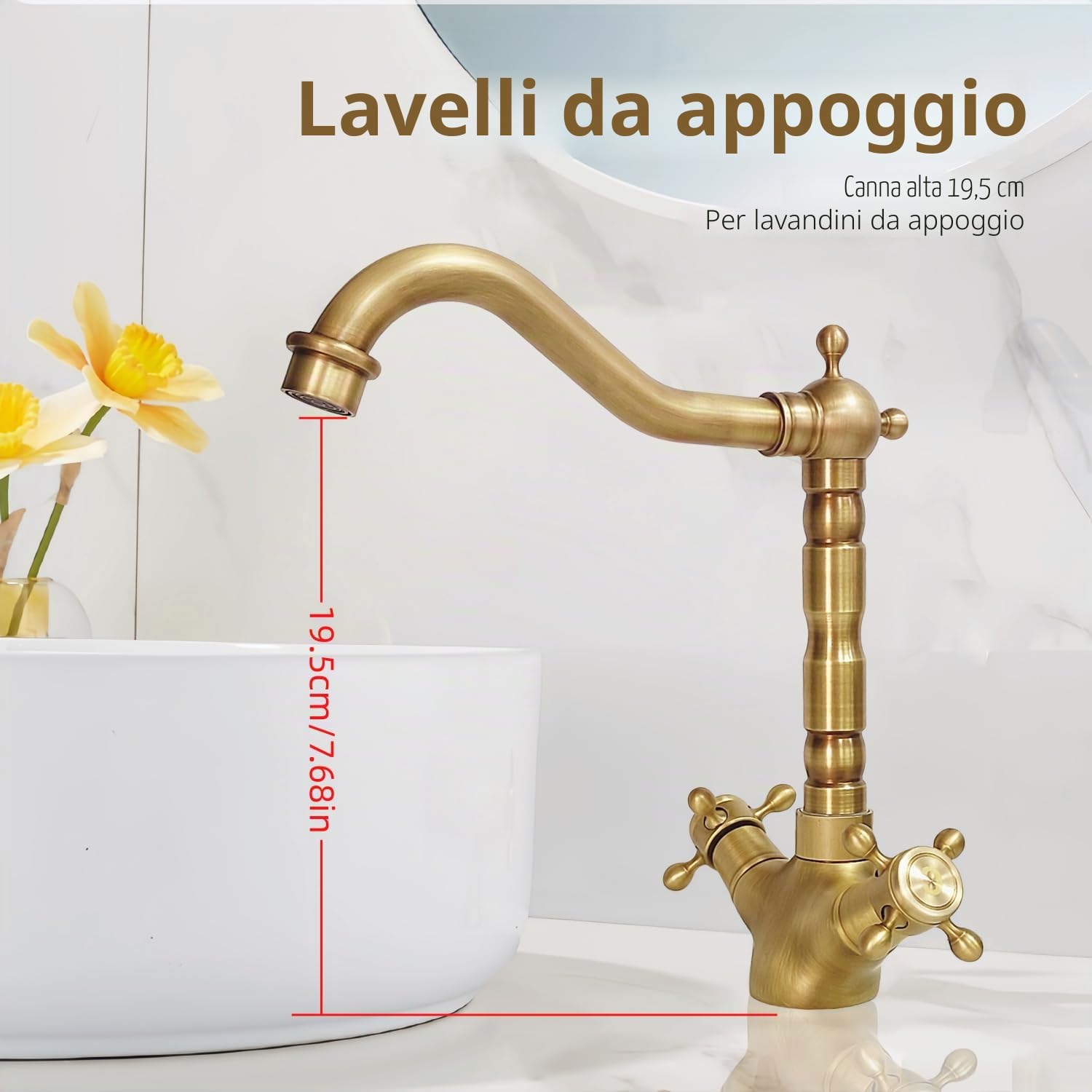 Retrò Rubinetto Lavello Cucina Bronzo, Rubinetto Lavabo Alto in Ottone Anticato, 360° Girevole Vintage Miscelatore con Doppia Maniglia per Bagno Cucina