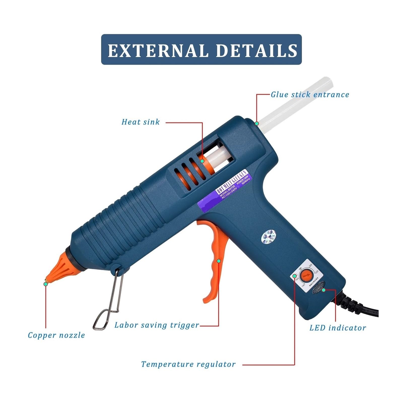 Kit de herramientas for pistola pegamento caliente 150 W, ajuste temperatura, silicona, uso barras 11 mm, boquilla cobre puro for artes, manualidades, industrial, decoración(SET-2)