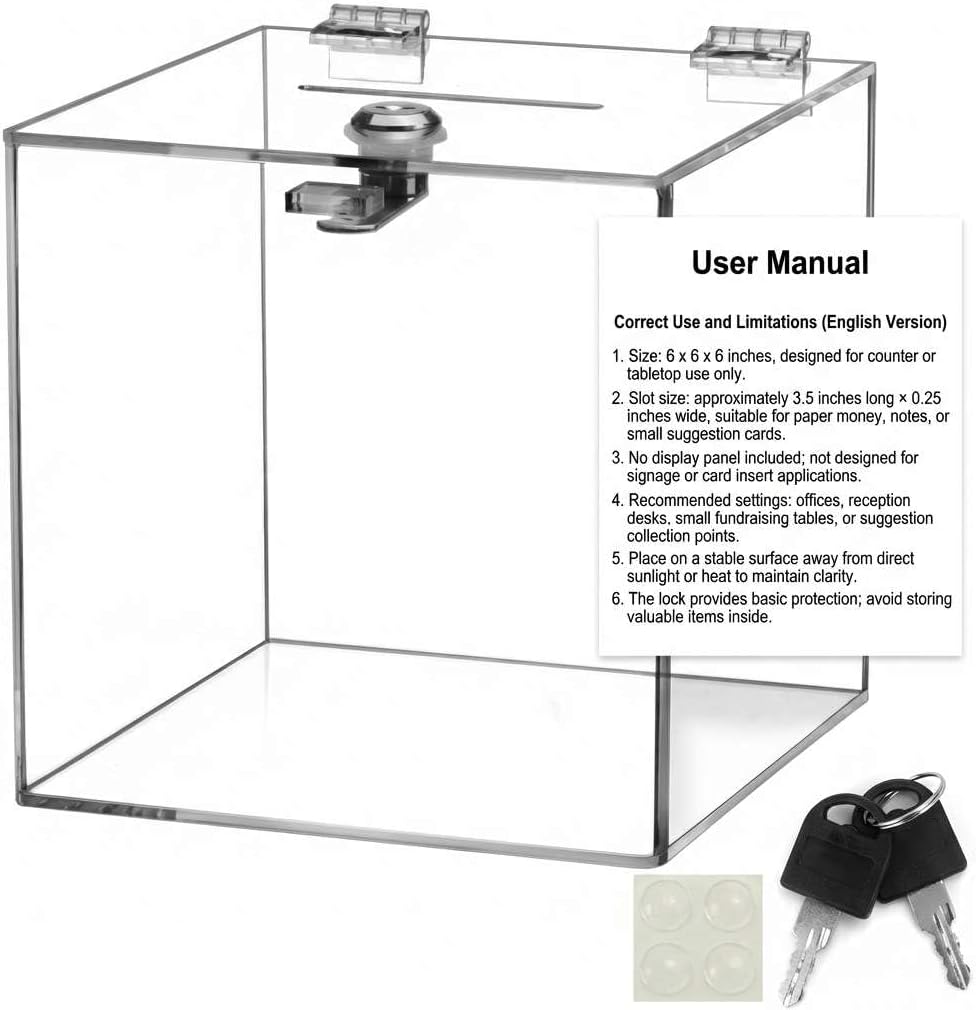 QWORK Acrylic Donation & Suggestion Box 6x6x6 Inches – Clear Lockable Design for Office, Event & Counter Use