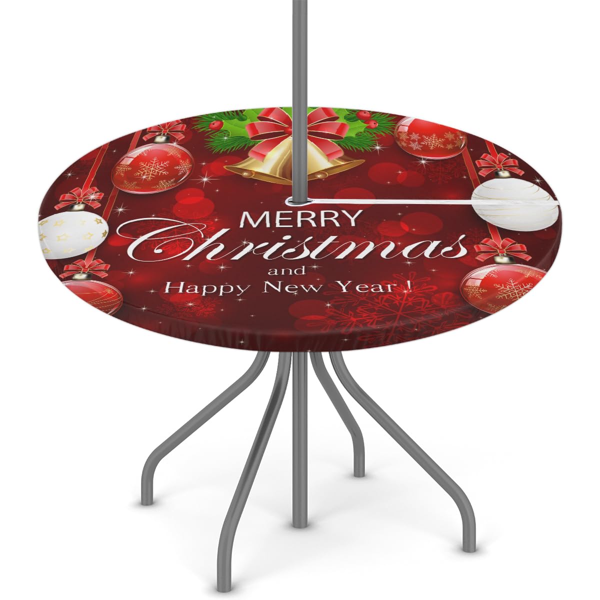 Snowflakes Christmas Balls Golden Bells Outdoor Round Fitted Tablecloth with Elastic Edge, Waterproof Table Cover with Umbrella Hole Table Cloth, for Party Family Dining Fits 36-44 in Diameter Table