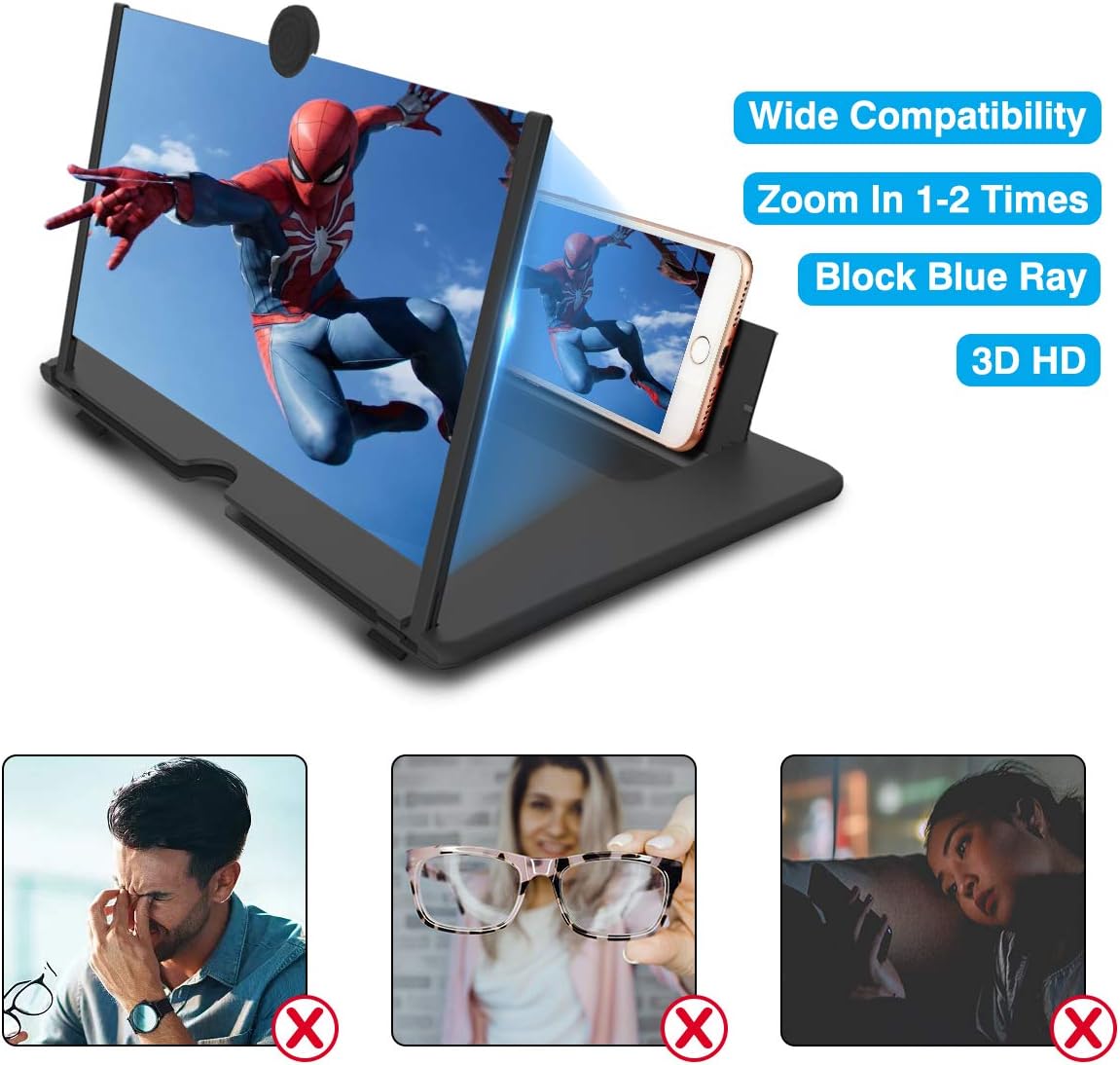 for 12 Inch Phone Screen Magnifier, 3D HD Mobile Phone Projector Amplifier Pulling-Out Movie Video Enlarger Anti-Radiation Eye Protection with Foldable Stand Holder for All Smartphones-Black