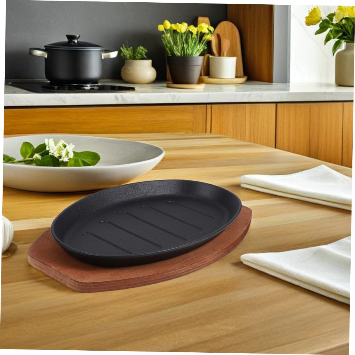 Cast Iron Skillet Set Sizzling Steak Grill Pan with Wooden Base Striped Platter for Authentic Grill Marks Efficient Heat Retention for Home Bbq And Parties