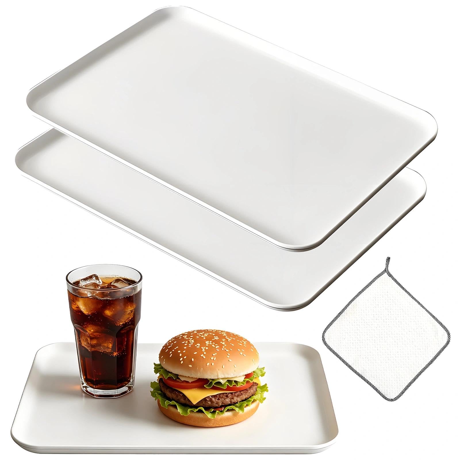 Plumaire 2 Pcs Rectangular Serving Trays, 33×23cm White Kitchen Trays, Plastic Tray, Dinner Tray, with Rag, for Kitchen, Drinks, Snacks, Tea, Coffee, Breakfast