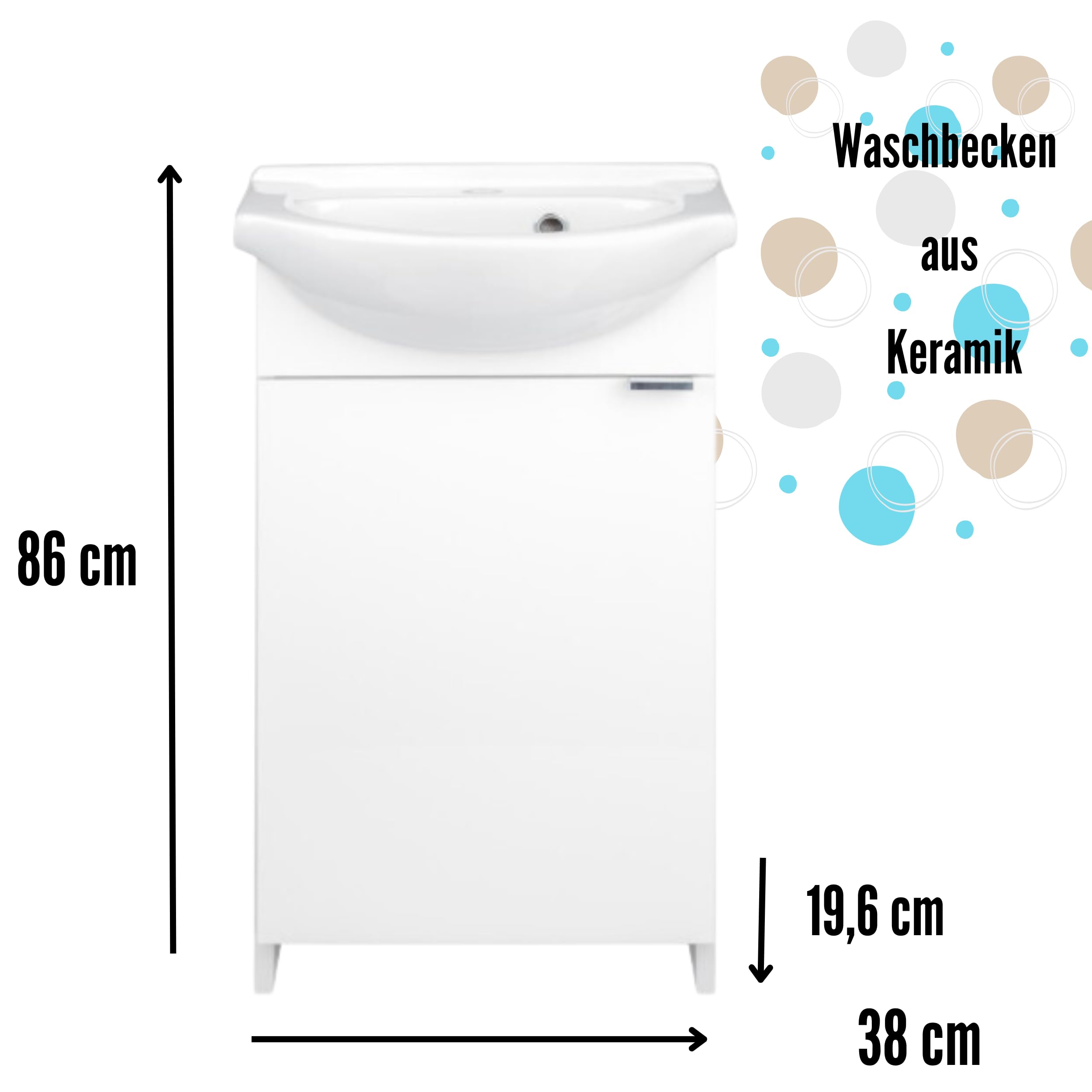 .Deftrans Domodomo - Mueble de baño con lavabo, 86 x 38 x 19,6 cm, color blanco, lavabo de cerámica, armario de pie para baño pequeño