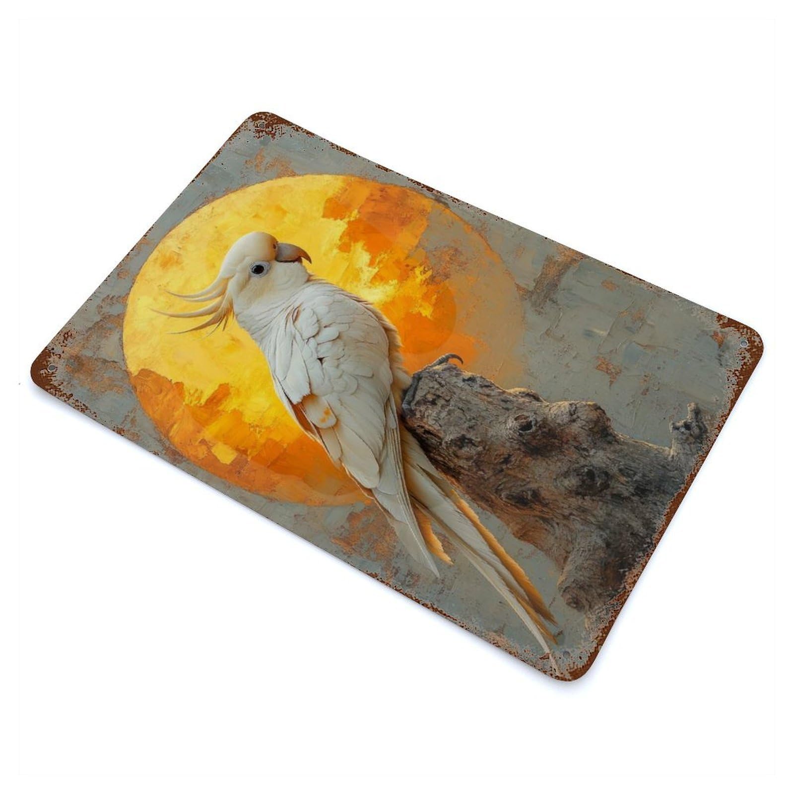 Weathered Tin Sign with White Cockatoo Sunset Design 11.8"x7.9", for Basement, Hobby Room And Garage Decor, Industrial Home Decor