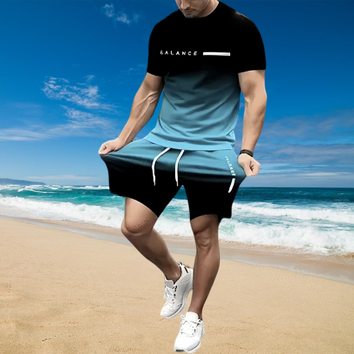 Men's Gradient Athletic 2 Piece Set Casual Short Sleeve T Shirt and Shorts Outfit Workout Tracksuit Summer Activewear Set
