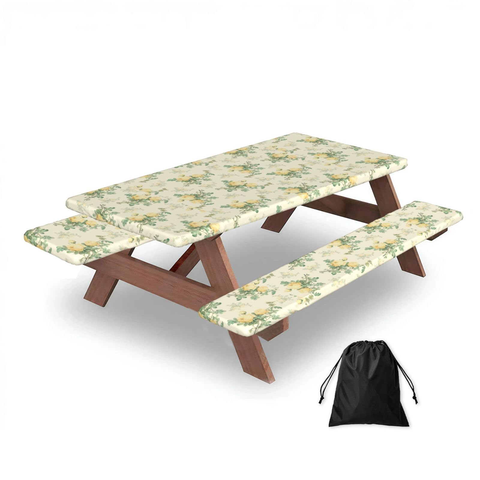 Dopklna As Picture Shabby Chic Decor Floral, Picnic Table Cover With Bench Covers -Waterproof Elastic Fitted Tablecloth For Garden Camping Patio 76X152cm