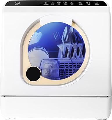 LINGXI countertop dishwasher no hookup, dishwasher with 5 liter water tank, countertop dishwasher with dryer, separate baby care, Portable dishwasher with upper and lower dual spray arms.