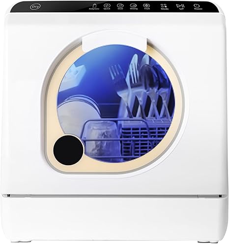 LINGXI countertop dishwasher no hookup, dishwasher with 5 liter water tank, countertop dishwasher with dryer, separate baby care, Portable dishwasher with upper and lower dual spray arms.