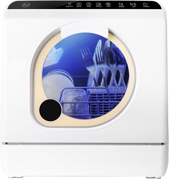 LINGXI countertop dishwasher no hookup, dishwasher with 5 liter water tank, countertop dishwasher with dryer, separate baby care, Portable dishwasher with upper and lower dual spray arms.