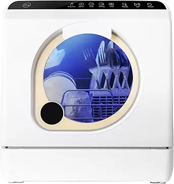 LINGXI countertop dishwasher no hookup, dishwasher with 5 liter water tank, countertop dishwasher with dryer, separate baby care, Portable dishwasher with upper and lower dual spray arms.