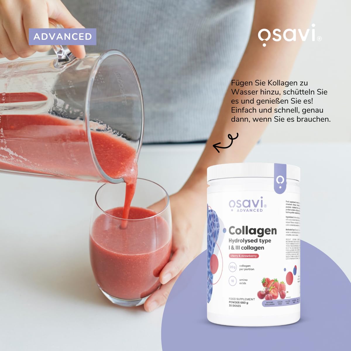 Osavi Hydrolysiertes Kollagen Typ I & III – 660 g Pulver | Kirsch-Erdbeer-Geschmack | 20 g Peptide pro Portion | 18 Aminosäuren inkl. Glycin & Prolin | Unterstützt Muskeln & Knochen | Leicht löslich
