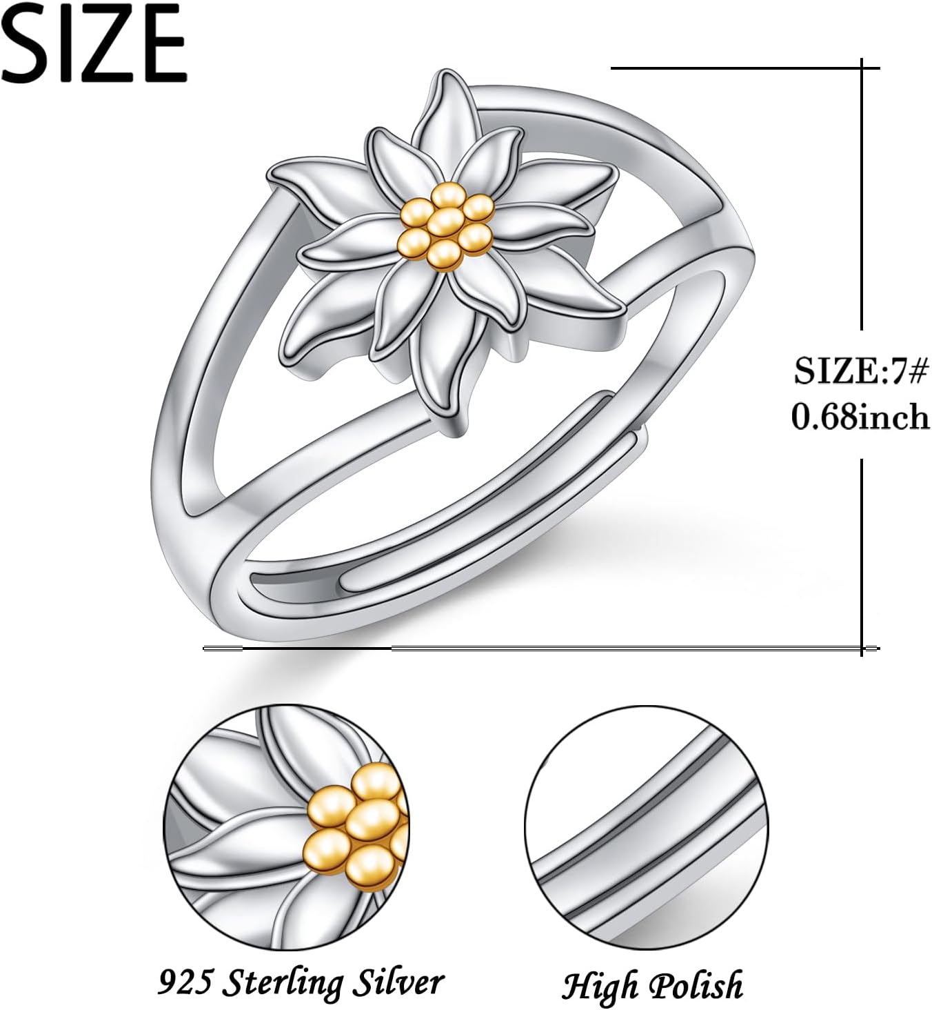 FLYOW S925 Sterling Silver Floral Jewelry Flower Edelweiss/Daisy Ring for Women Birthday Gift - Image 7