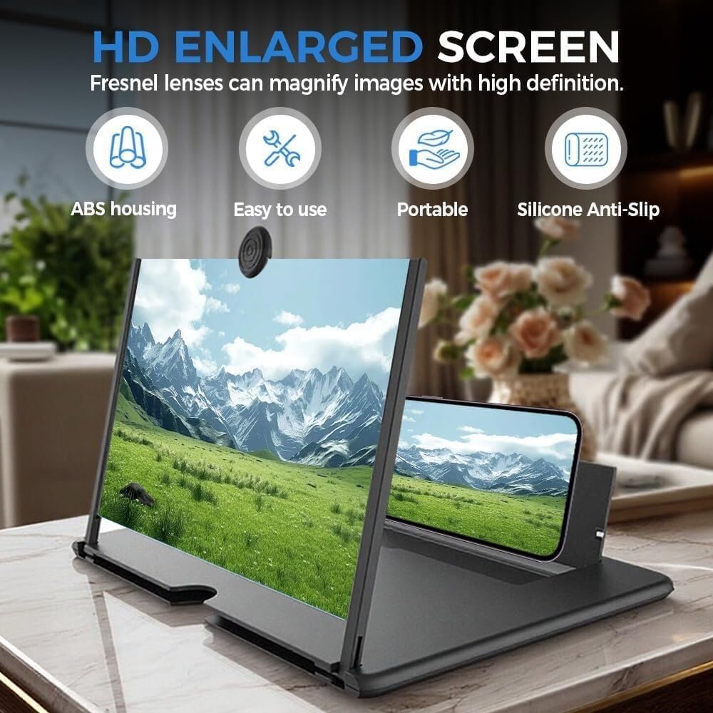 Lupa de pantalla para teléfono celular, lupa de pantalla para teléfono celular, películas, videos y juegos, amplificador de escritorio para personas mayores de lectura (negro, 12 pulgadas