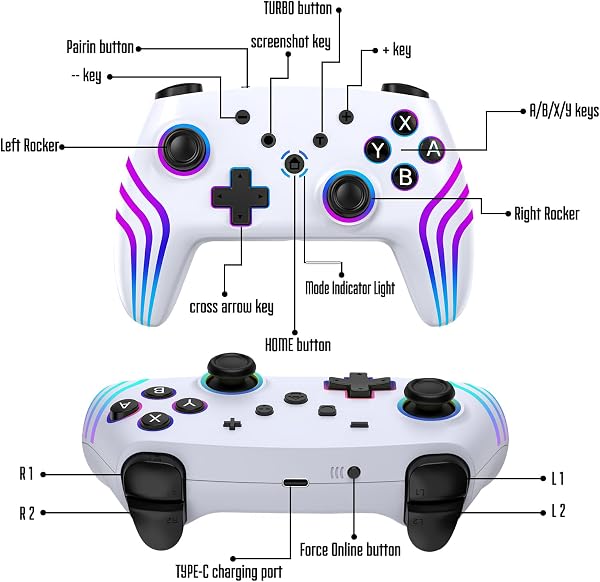 MYSTILUCK Wireless Pro Controller for Switch/Switch 2/Lite/OLED/PC, Gamepad with 7 Color-Changing RGB Lighting/Dual Vibration/6-Axis Gyroscope/Turbo, Ergonomically Designed Precise Joystick - White - 5