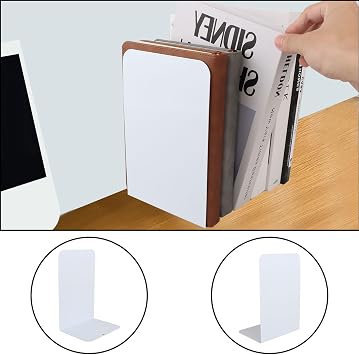 ASelected Heavy Metal L-Shaped Bookends - 2 Pairs White, Non-Slip Pads, Home Office Library Bookshelves (4Pcs)