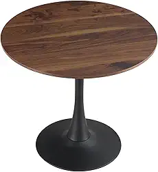 HYYTEIBL Mesa de jantar de tulipa redonda de 59,4 cm para 2 a 4 pessoas com tampo de nogueira e base de pedestal de metal preto, mesa pequena moderna de meados do século para cozinha, sala de estar