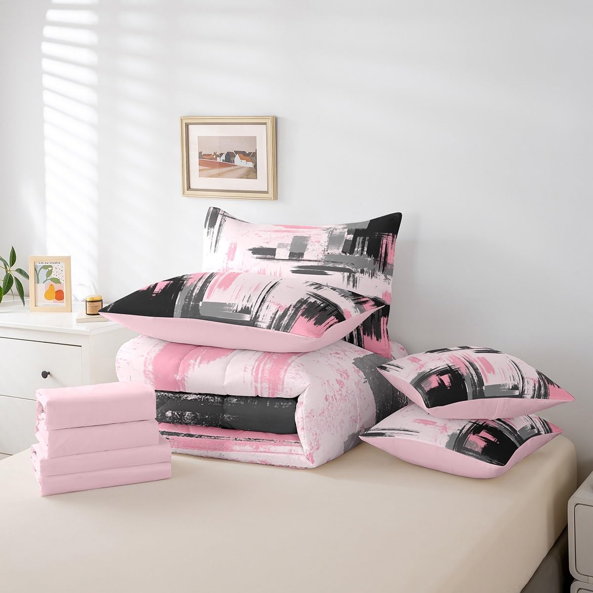 Feelyou Abstract 7 Piece Bedding Set Modern Abstract Art Bed in a Bag Pink Black Comforter Lightweight Retro Bed Set Includes Comforter, Sheet Set, Pillowcases & Pillow Covers Full Size