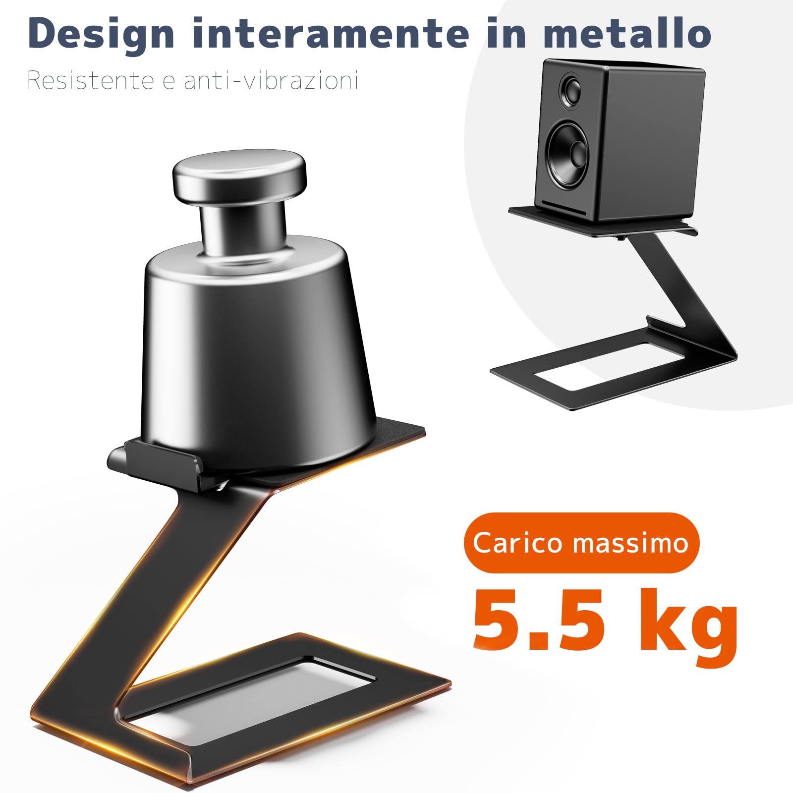Supporti per Altoparlanti da Scrivania, per la Maggior parte di Altoparlanti da Scaffale Piccoli e Medi, Profondità fino a 19.6 cm, Inclinazione 6°, Base con Pad di Assorbimento Vibrazioni, Nero