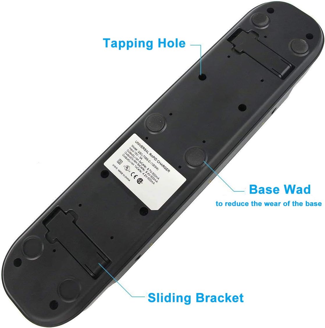 Part inferior view of the Retevis Six Way Multi Unit Charger showing sliding brackets and base wads