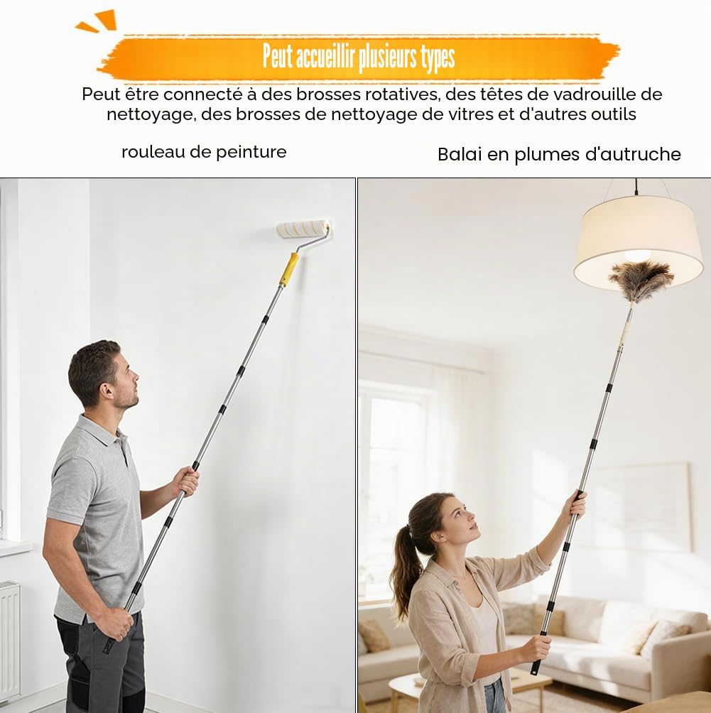 Tige Télescopique 3,6 m, Rouleau de Peinture, Rallonge en Acier Inoxydable Légère, 9 Sections Extensibles pour Peinture, Nettoyage de Fenêtres, Gouttière, Adaptateur Conique, Filetage Spiralé