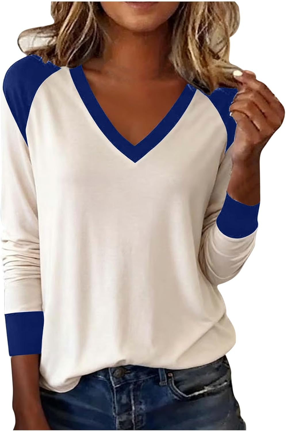 Color Blocked V-Neck Pullover Top for Women, Long Sleeve Loose Fit Casual Blouses, Soft Comfortable Tunic Shirts