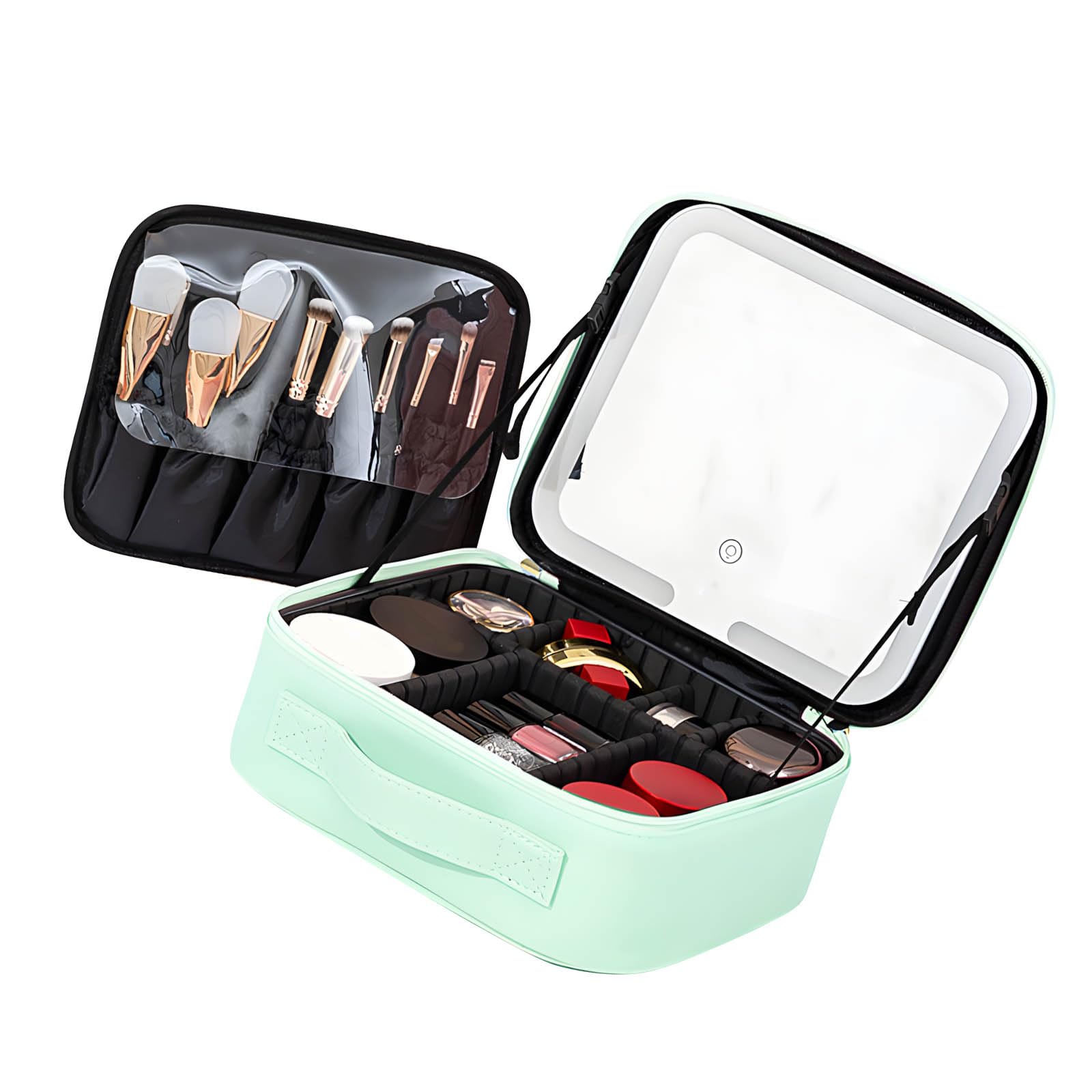 Elnwnnkc LED Lighted Travel Makeup Bag Spacious Waterproof PU Cosmetic Case with Glasses and Compartments Lighted Makeup Pouches LED Bag with Light