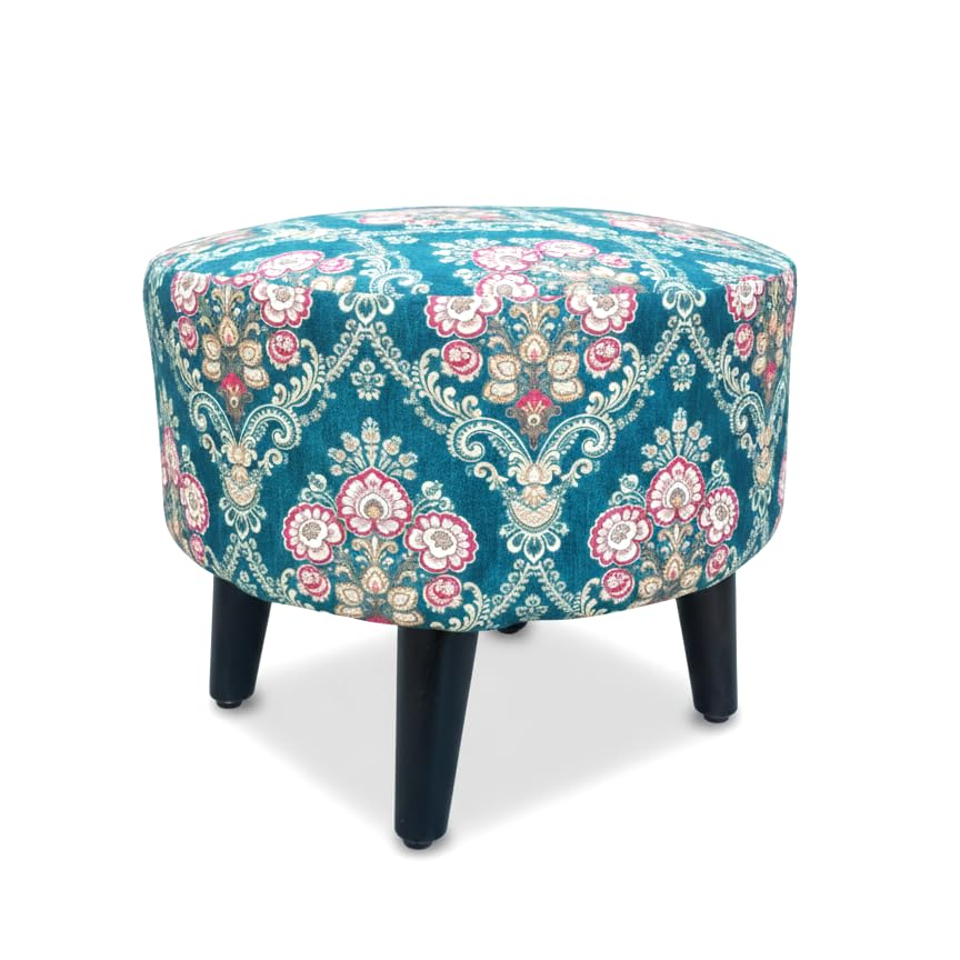 Image of Foot Rest Ottoman Teal Floral Damask (1 Seater Footrest, Sheesham Wood, Black) Ottoman, Stool, Wooden Stool, Footrest, Pouffe, Seating Stool, Living Room Stool