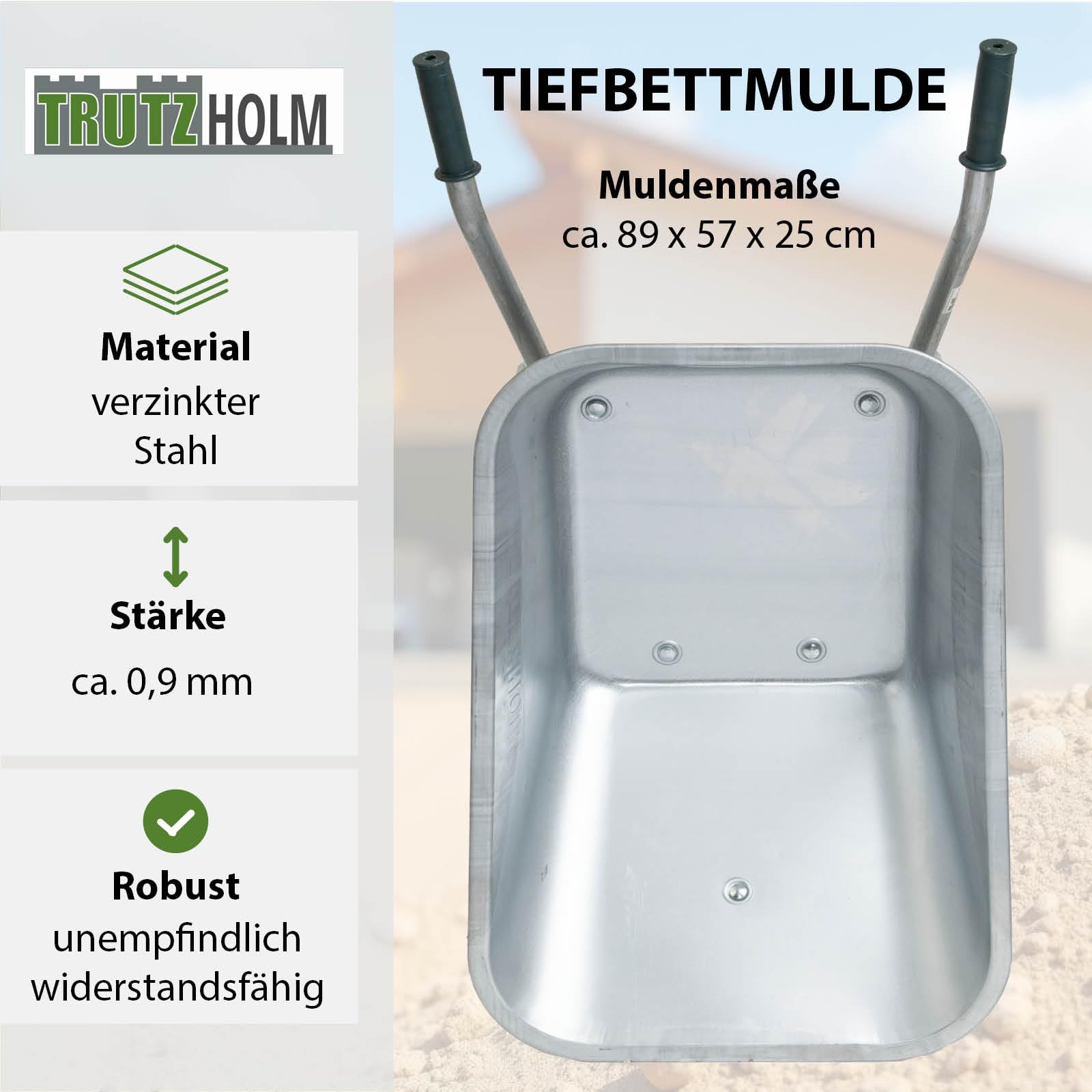 TRUTZHOLM Schubkarre 100 Liter verzinkter Stahl 250 kg Tragkraft Luftrad auf Stahlfelge Bauschubkarre Gartenkarre Schiebkarre leicht handlich 0,9 cm Starke Stahlwanne