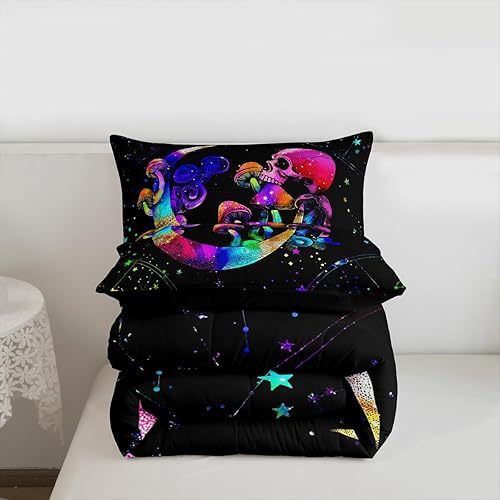 Miniatura 7 de Erosebridal Juego de ropa de cama con estampado de luna bohemia, edredón de calavera de Halloween, estampado de hongos hippies, juego de ropa de