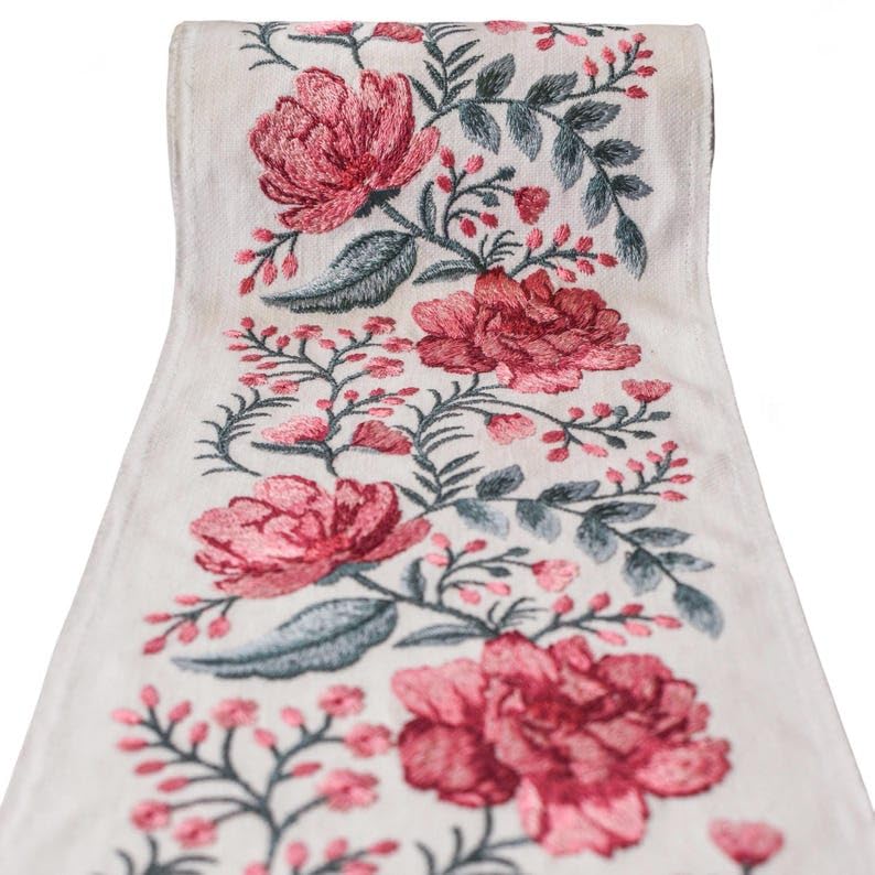 Fabric Mart Direct Ivory & Fuchsia Pink Floral Peony Vine Haftowana ozdobna wstążka z tkaniny na metry, botaniczna taśma obramowująca zasłony, koronka tapicerska na obrus, 5,50 cala (139 mm)