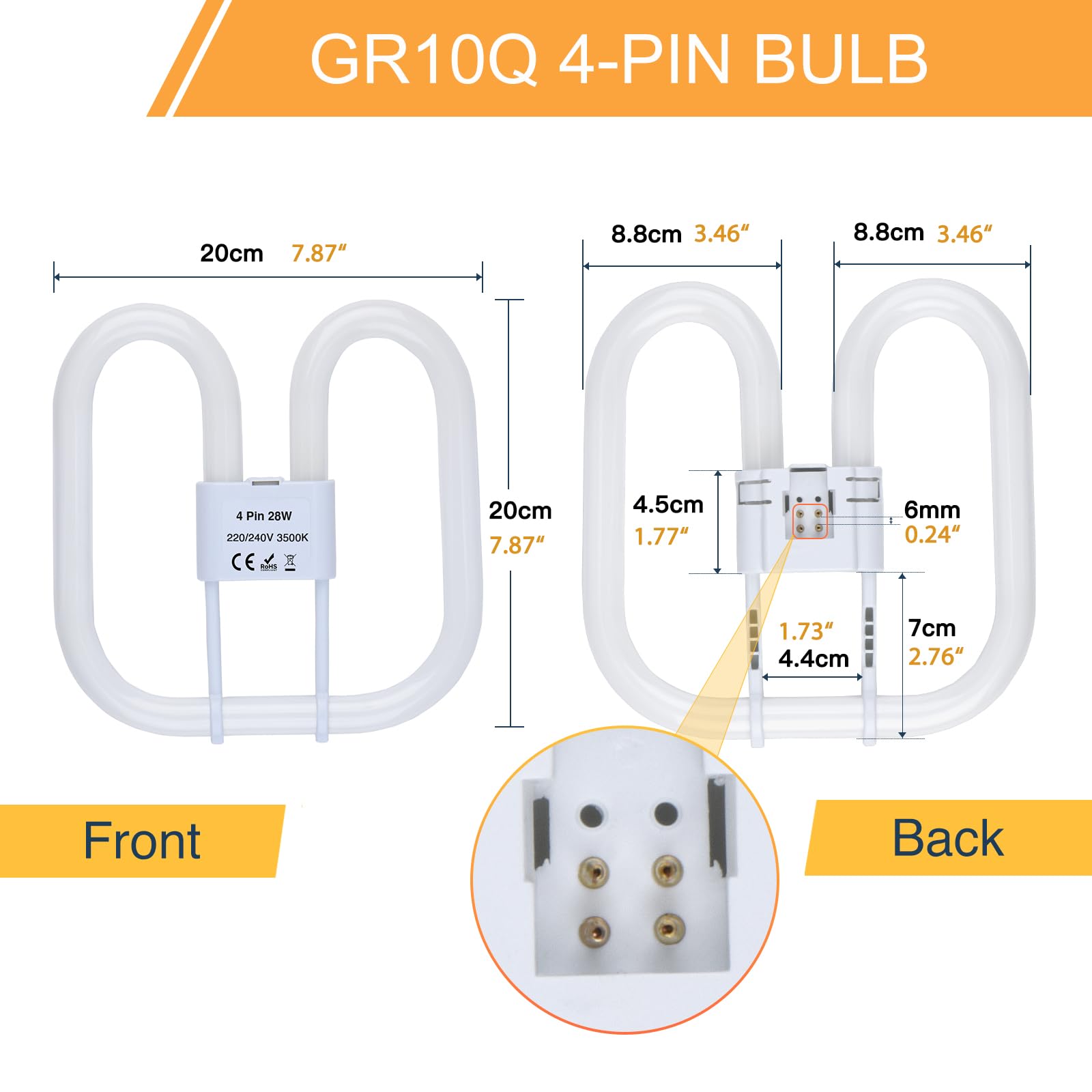 B4U 2 Pack GR10q 4 Pin 28W(Large Size 20 * 20cm) Compact Fluorescent Lamp, 2D Bathroom Light Bulb, CFL Low Energy Light Bulb - Image 4
