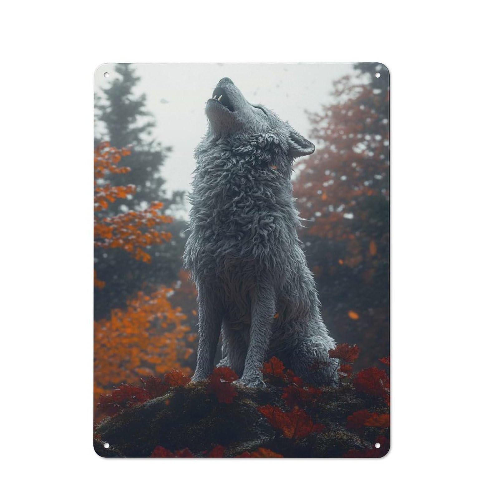 Bistro Style Bistro Metal Sign 40x30cm Featuring Howling Wolf in Autumn Forest, Shop Wall Decor for Takeaway, Bar, Kitchen Or Counter Area