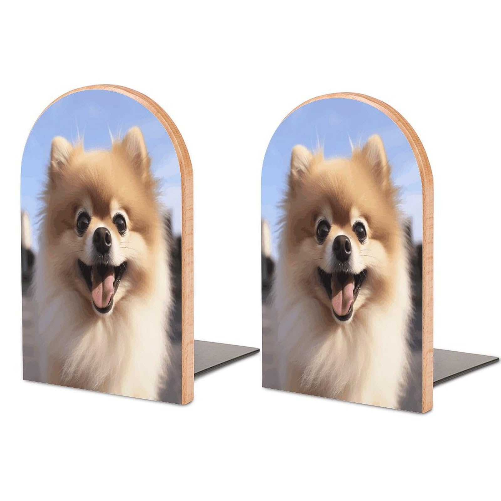 Happy Pomeranian Bookends Modern Bookends for Shelves Fashion Heavy Duty Book Stopper Sturdy Non-Skid Metal Base Wood Book Ends for Library Home Office 1 Pair