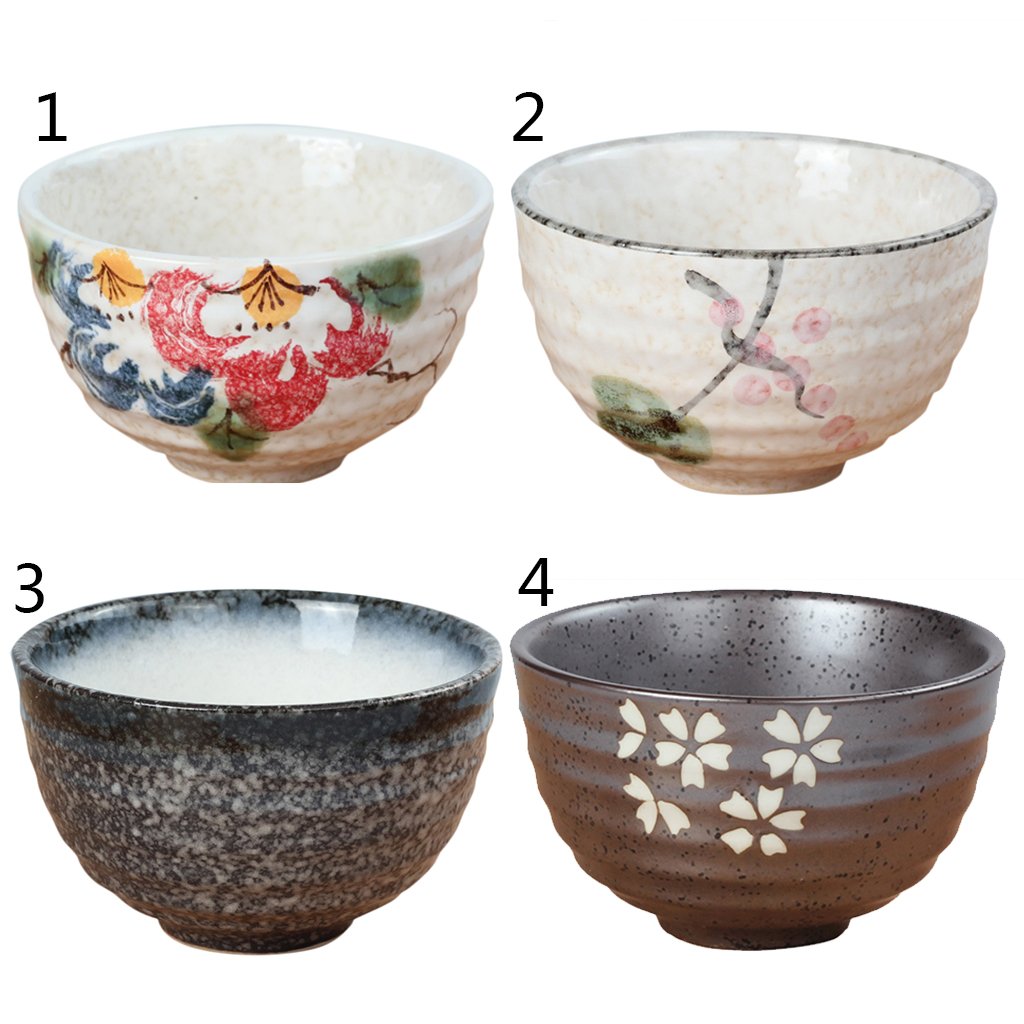 Generico Set di 2 Ciotole per la Cerimonia del tè Tradizionale Giapponese Matcha Chawan con Smalto Bianco e Motivo Floreale di Loto, Ciotole per Cereali e Noodles