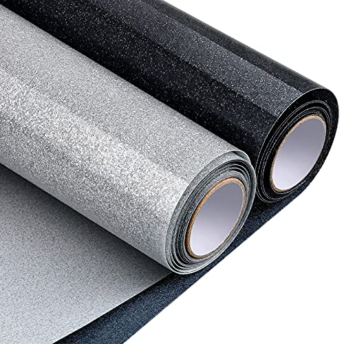 2 Rolls Glitter Heat Transfer Vinyl 12 Inch x 5 Ft DIY HTV Iron on Vinyl Rolls Silver Glitter Vinyl Bundle Glitter Black Heat Transfer Vinyl for T-Shirts Bags Shoes Clothing Decor