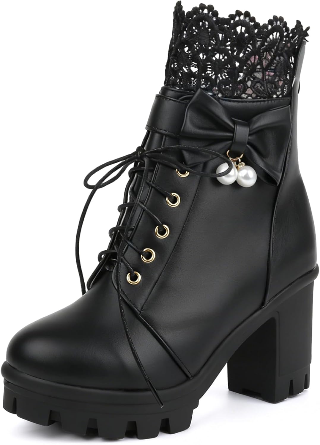 BEAUPAS Women's Gothic Platform Ankle Boots Lace-Up Combat Boot with Bow Pearl Chunky High Heel(Black,7)