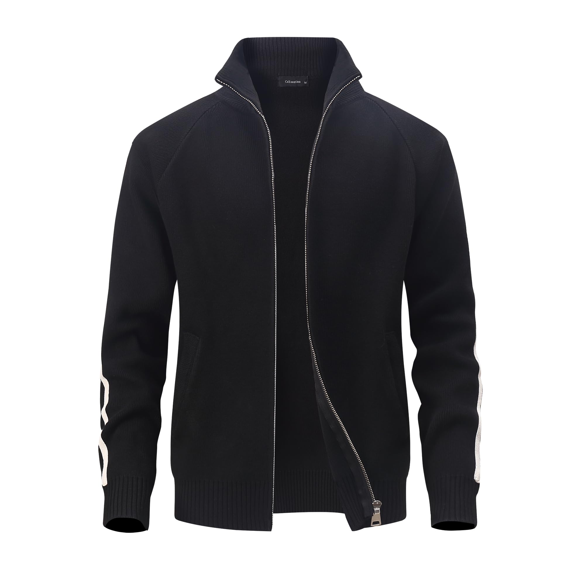 Herren Gestrickt Strickjacke Langarm Voller Reißverschluss Cardigan Stehkragen Warme Pullover Winter Sweatjacke mit Taschen