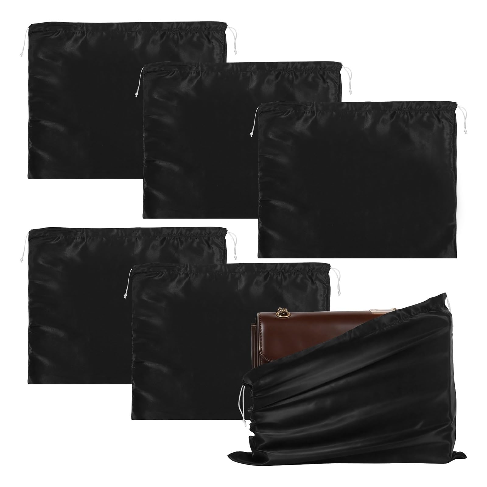 Satin Packaging Bags 6Pcs Dust Bag For Handbag Soft Silk Cloth Storage Bag With Drawstring For Handbag Purse Backpack Shoes Clothing Dust Cover(Black 6Pcs)