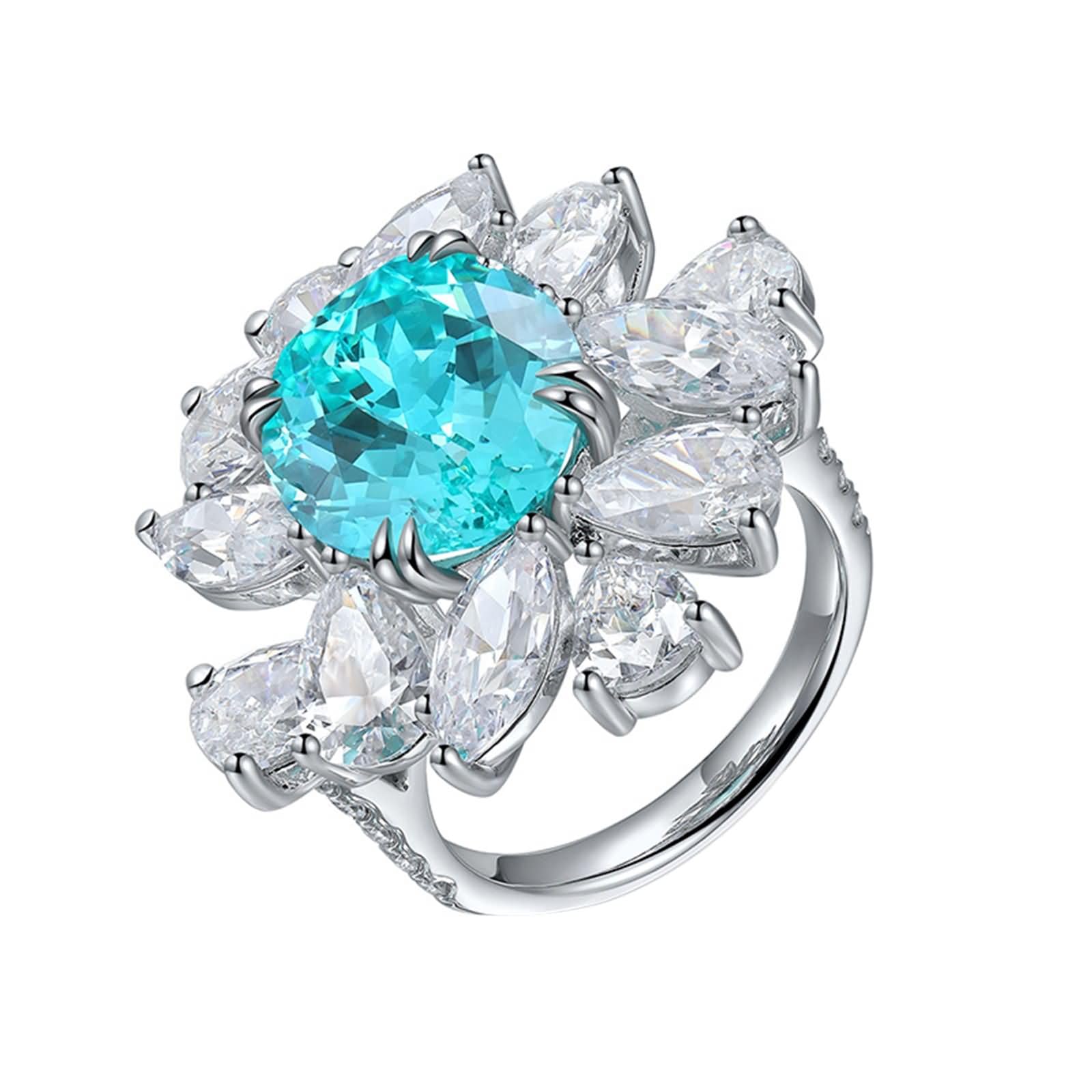 Daesar Anillos para Compromiso Mujer con Flor y Oval con Turmalina Paraiba Creada de 9.79ct y Moissanita, Oro Blanco 9K/14K/18K, Anillos de Boda y Compromiso Plata Azul Lago