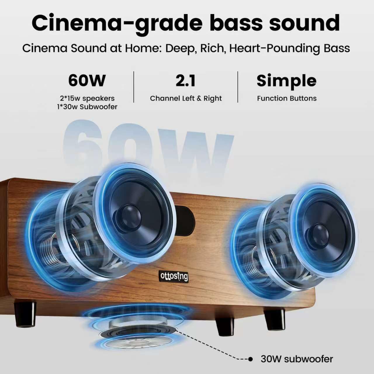 Altoparlante Bluetooth 5.0 a 2.1 canali, doppio suono potente da 15 W + subwoofer da 30 W, ottico/coassiale/HDMI ARC/AUX/USB, DSP Tuning sistema audio in legno per TV/feste/karaoke (CT-400-21