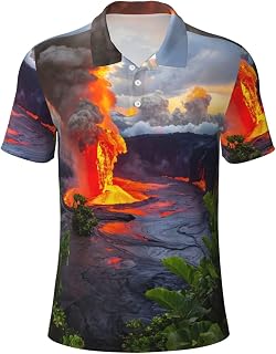 Kilauea Volcanos Print Mens Golf Shirts, Sports Polo Shirts, Moisture Wicking Short Sleeve Hawaiian T-Shirt
