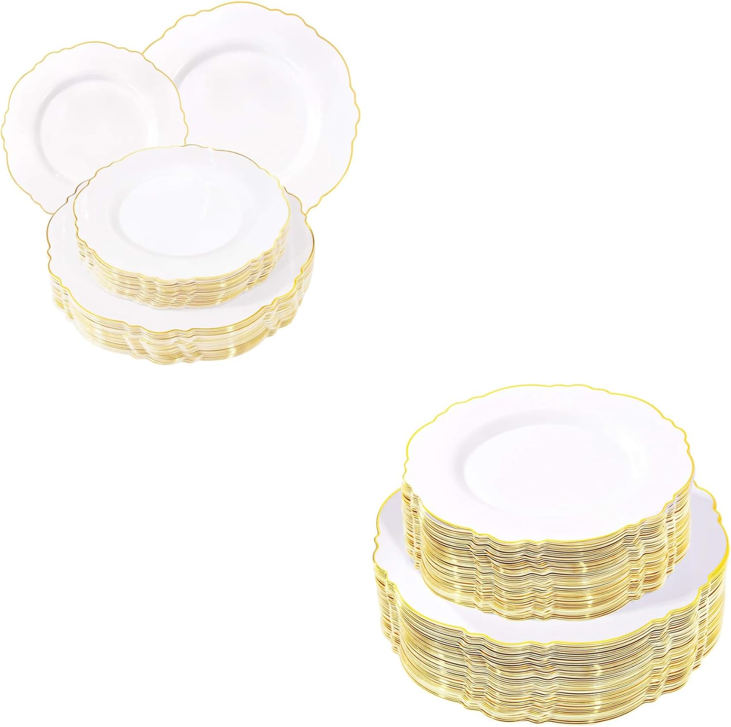 WDF 100pcs Gold Plastic Plates-60pcs Gold Plastic Plates -Baroque White