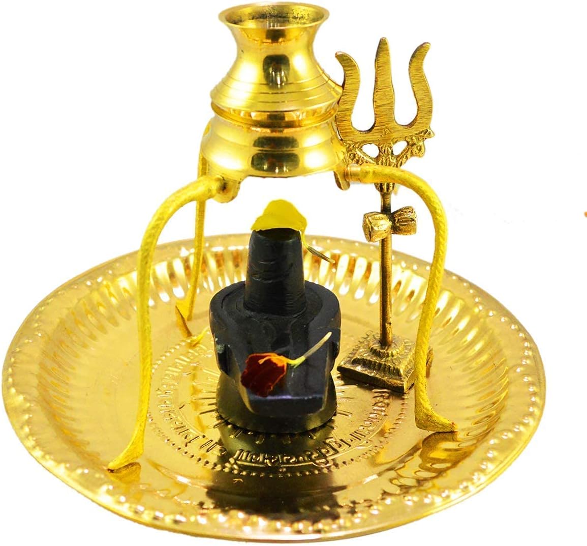 N*A Shiva Ling Lingam Shivling Statue for Hindu Puja Shaligram Shiva Shivling Statue| Shiva Lingam Set Stand and Abhishek Lota Kalash with Swastik Symbol on Brass Plate for Lord Temple Pooja (Black)