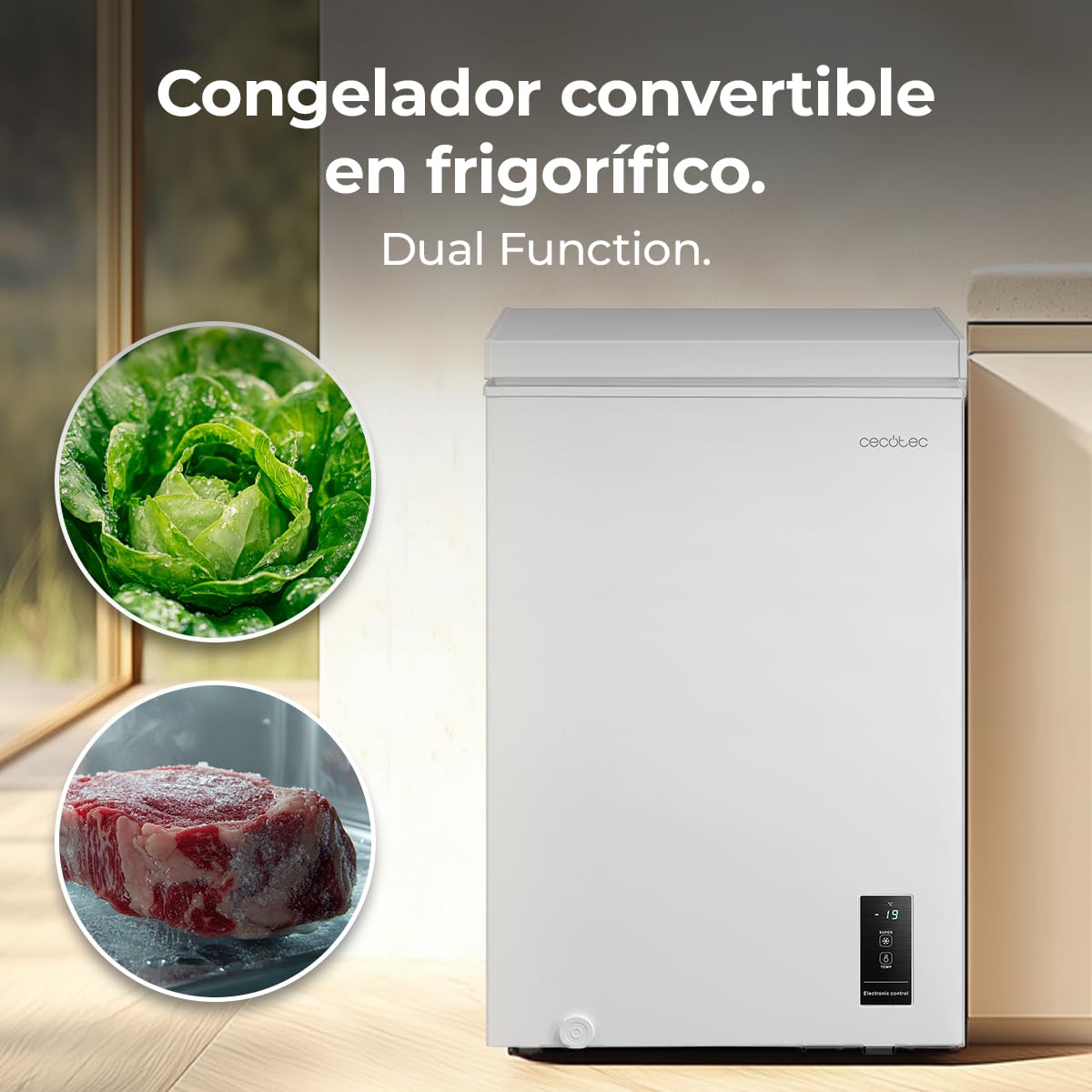 Cecotec Congelador Horizontal 99L Bolero CoolMarket Chest 99P White E. Cesta con Asas, Control Electrónico LED, UltraContact D-Cool, Dual Function, Puerta ZeroG (80º-30º), Fast Freezing, Compacto — view 4