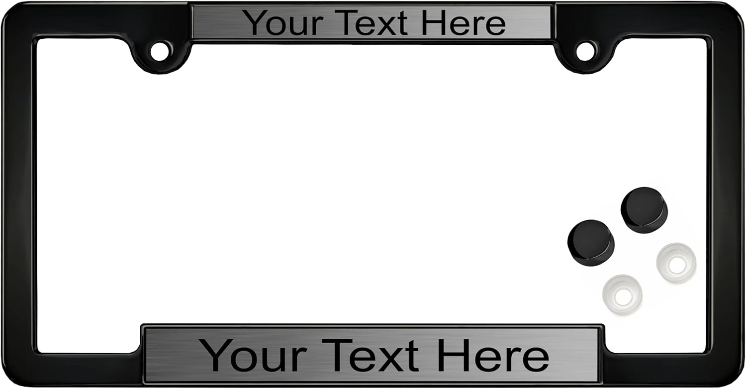 Elegance - Thin Top 2-Hole Black Metal Personalized with Custom Text Design Laser Engraved Standard Size - Car/Automobile License Plate Frame with Free caps - Steel/Black (Qty: 1 Frame)