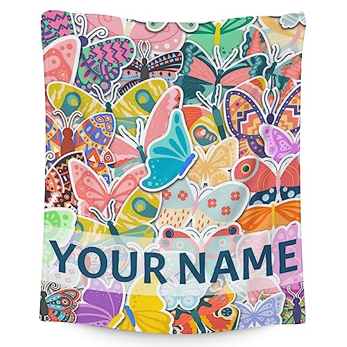 Personalized Butterfly Blanket Gifts with Name - 60"x80" Cute Throw for Women, Girls - Colorful Soft Fuzzy Blankets for Bed, Couch & Living Room