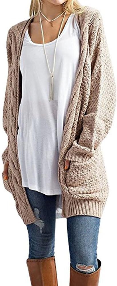 Women's Boho Long Sleeve Open Front Chunky Warm Cardigans Pointelle Pullover Sweater Blouses Khaki M